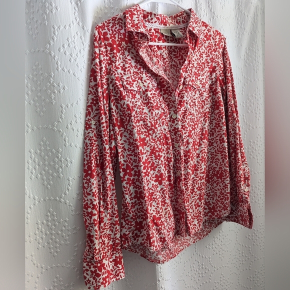 L.L. Bean Women's Medium Floral Pattern Button Down Red White Long Sleeve - Picture 5 of 7